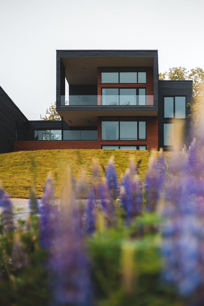 About Contemporary house with a sleek facade and garden view, ideal for architecture enthusiasts.